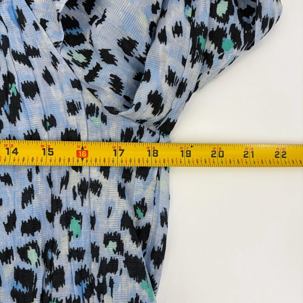 LOFT Blouse Blue Leopard Print Ruffle Shoulder Smocked Neck Gauzy Textured Small